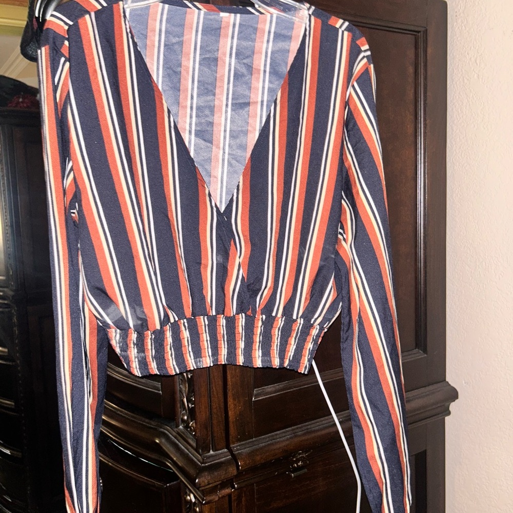 SHEIN Red and Blue Striped V-Neck Blouse
